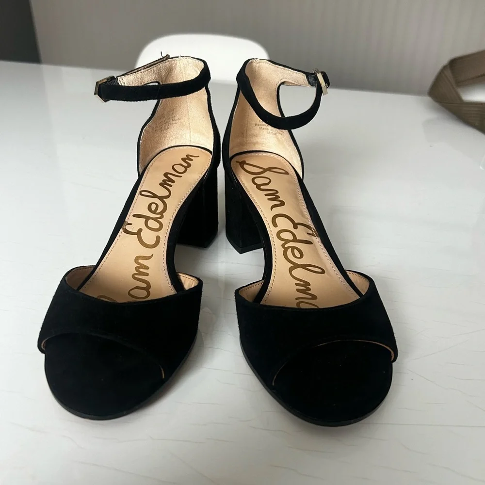 Sam Edelman 6 1/2 Suede Susie Black Ankle Strap Block Heels - Picture 2 of 7